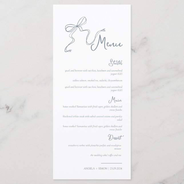 Whimsical Hand drawn Bow Dusty Blue Wedding Menu (Front)