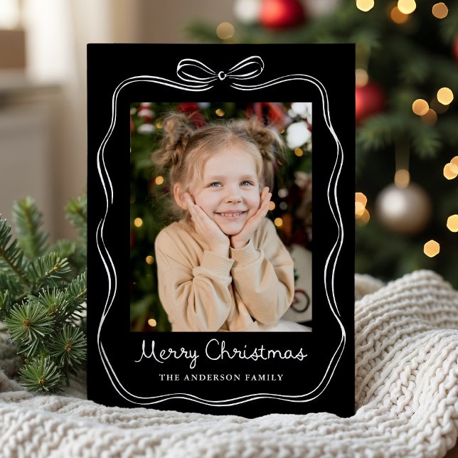 Whimsical Hand-Drawn Bow Frame Black 2 Photo Holiday Card (Creator Uploaded)