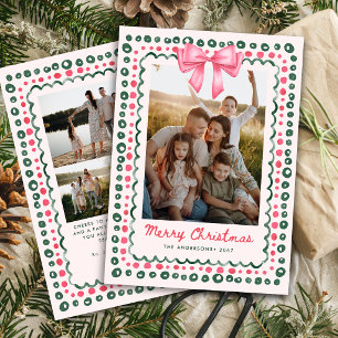 Whimsical Hand Drawn Bow Frame Christmas 4 Photo Holiday Card