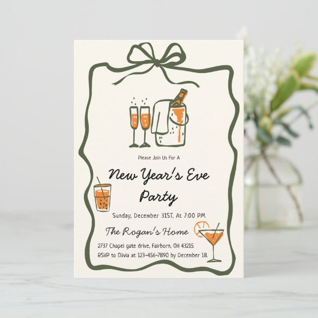 Whimsical Hand Drawn Bow Frame New Year Eve Party Invitation (Standing Front)