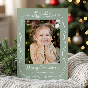 Whimsical Hand-Drawn Bow Frame Sage Green 2 Photo Holiday Card