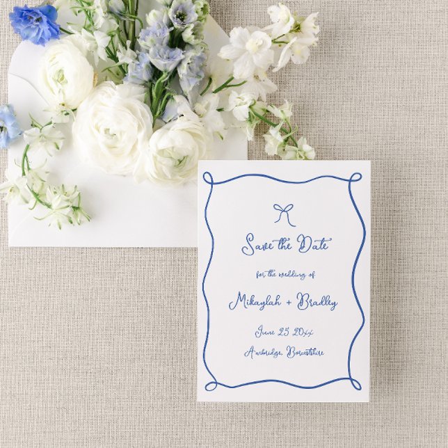 Whimsical Hand Drawn Bow French Blue Wedding Save The Date (Creator Uploaded)
