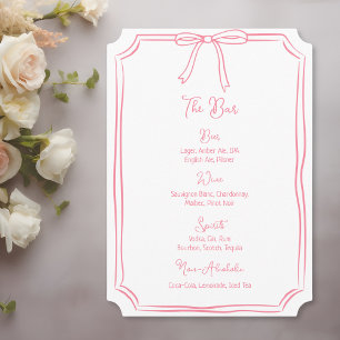 Whimsical Hand Drawn Bow Girly Coquette Pink Bar Menu