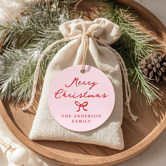 Whimsical Hand-Drawn Bow Pink Christmas Gift Tag (Creator Uploaded)