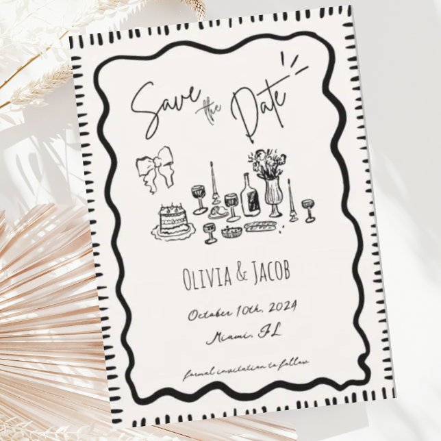 Whimsical Hand Drawn Bow Scribble Wavy Wedding Invitation (Creator Uploaded)