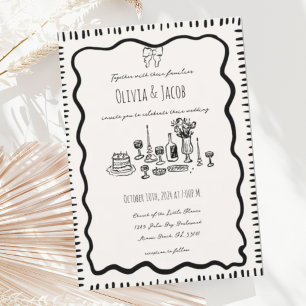 Whimsical Hand Drawn Bow Scribble Wavy Wedding Invitation