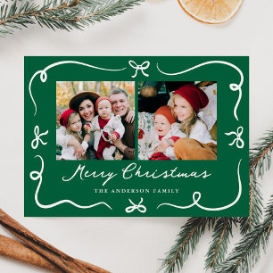 Whimsical Hand-Drawn Bows Green 2 Photo Christmas Holiday Card