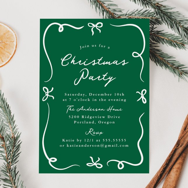 Whimsical Hand-Drawn Bows Green Christmas Party Invitation (Creator Uploaded)