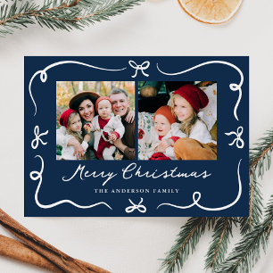 Whimsical Hand-Drawn Bows Navy 2 Photo Christmas Holiday Card