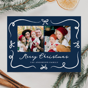 Whimsical Hand-Drawn Bows Navy 2 Photo Christmas Holiday Postcard