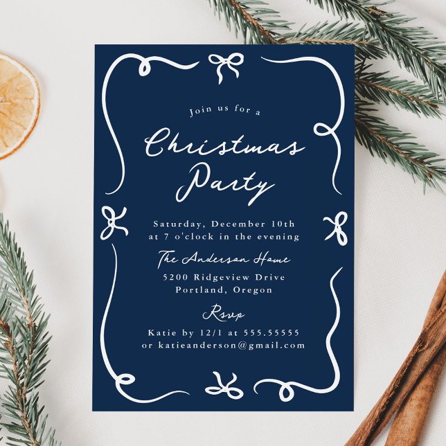 Whimsical Hand-Drawn Bows Navy Christmas Party Invitation (Creator Uploaded)