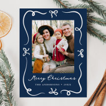 Whimsical Hand-Drawn Bows Navy Photo Christmas