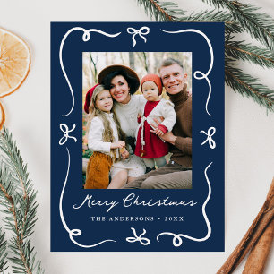 Whimsical Hand-Drawn Bows Navy Photo Christmas Holiday Postcard