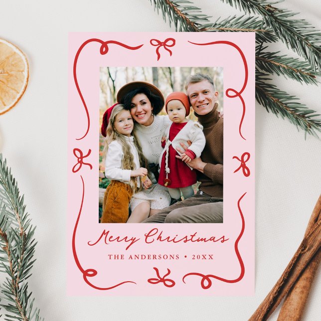 Whimsical Hand-Drawn Bows Pink 2 Photo Christmas Holiday Card (Creator Uploaded)