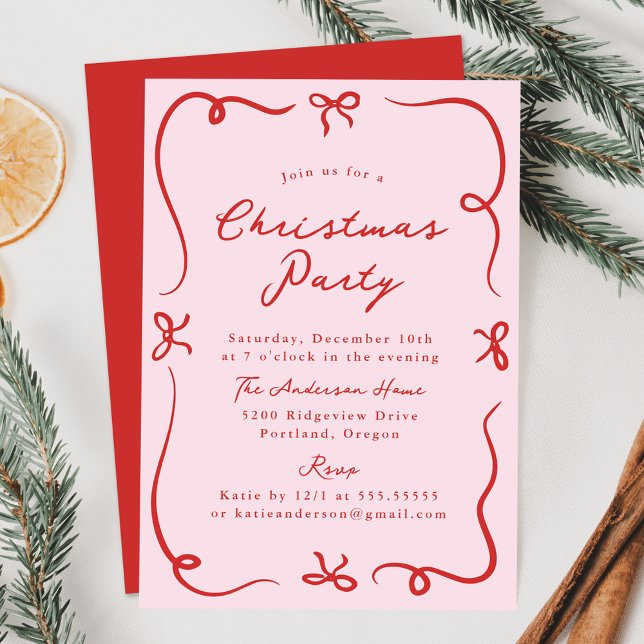 Whimsical Hand-Drawn Bows Pink Christmas Party Invitation (Creator Uploaded)
