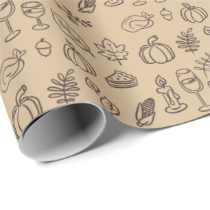 Whimsical Hand Drawn Brown Doodle Thanksgiving Wrapping Paper