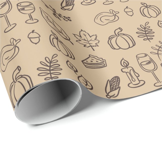 Whimsical Hand Drawn Brown Doodle Thanksgiving Wrapping Paper (Roll Corner)