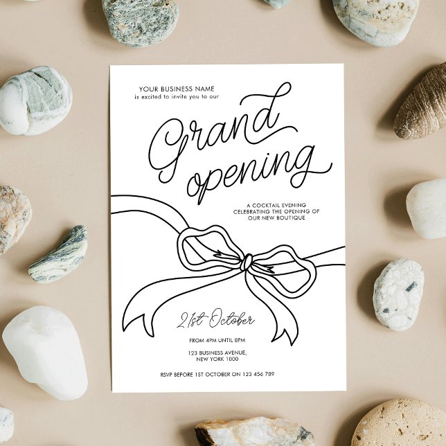 Whimsical Hand Drawn Business Grand Opening Invitation (Hand drawn ribbon modern Business Grand Opening Invitation design in black and white)