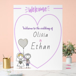 Whimsical Hand-Drawn Cartoon Couple Wedding  Acrylic Sign
