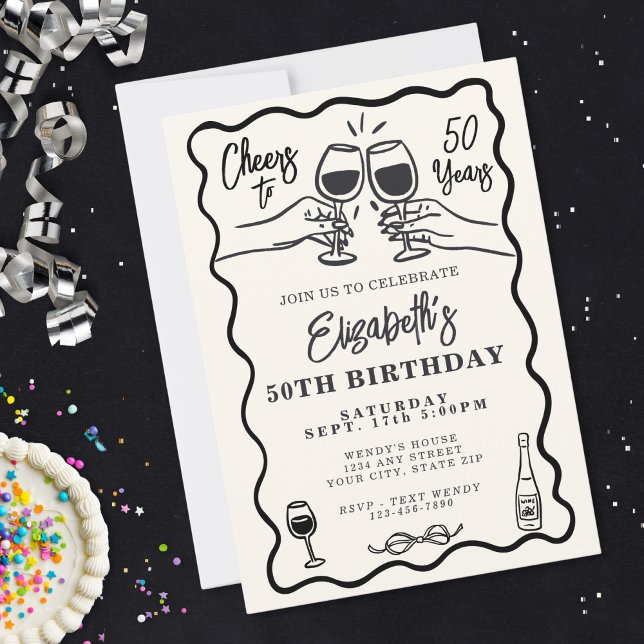 Whimsical Hand Drawn Cheers to 50 Years Birthday  Invitation (Creator Uploaded)