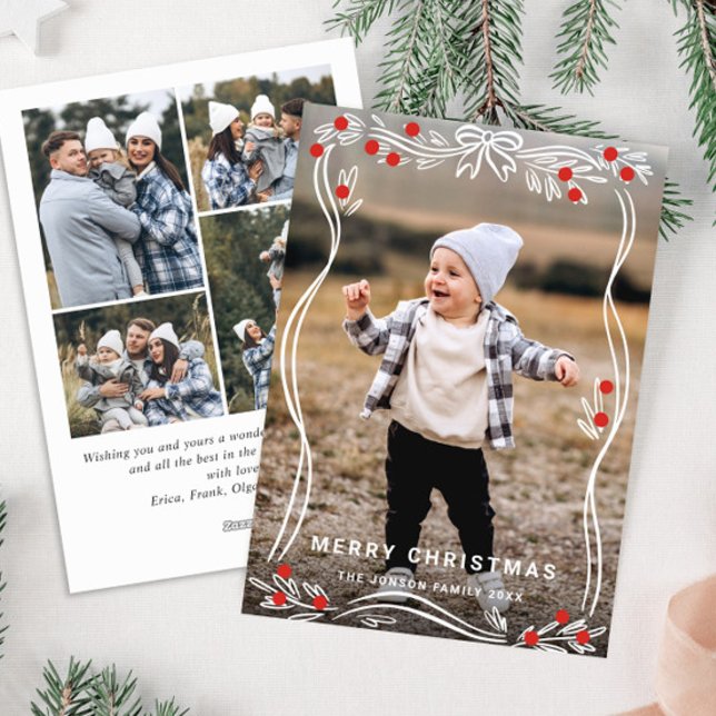 Whimsical Hand Drawn Christmas Bow Ribbon 5 Photo Holiday Card (Creator Uploaded)