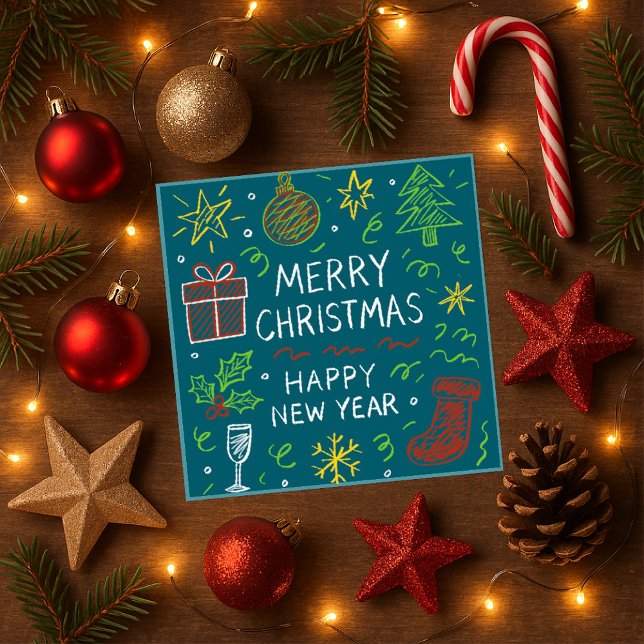 Whimsical Hand-Drawn Christmas Card on Teal (Creator Uploaded)