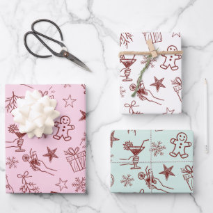 Whimsical Hand drawn Christmas Doodles Pattern Wrapping Paper Sheet