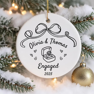 Whimsical Hand Drawn Christmas Engaged Ceramic Tree Decoration