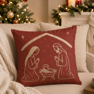 Whimsical Hand-Drawn Christmas Nativity Scene Cushion