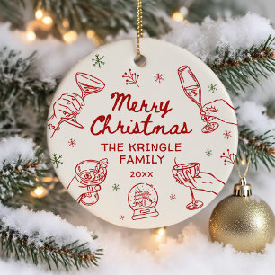 Whimsical Hand Drawn Christmas Party Ceramic Tree Decoration