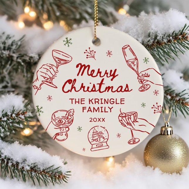 Whimsical Hand Drawn Christmas Party  Ceramic Tree Decoration (Creator Uploaded)