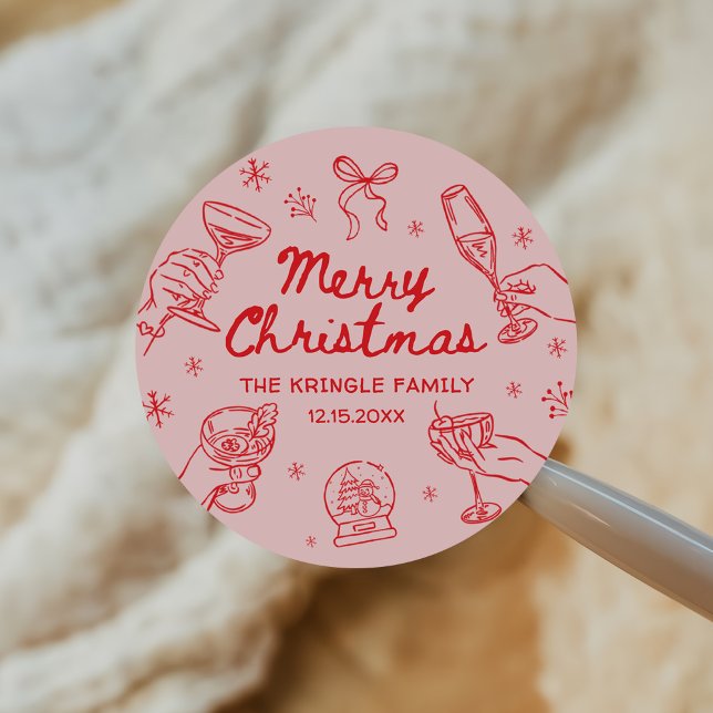 Whimsical Hand Drawn Christmas Party  Classic Round Sticker (Creator Uploaded)