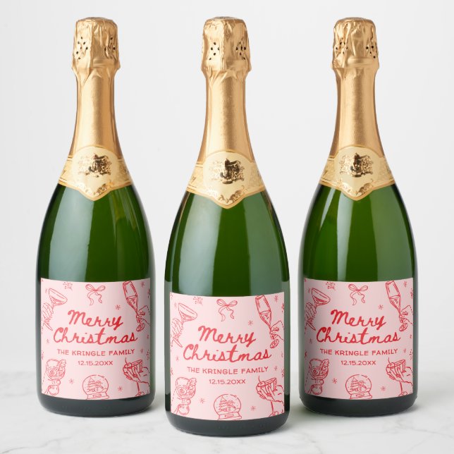 Whimsical Hand Drawn Christmas Party  Sparkling Wine Label (Bottles)