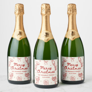 Whimsical Hand Drawn Christmas Party  Sparkling Wine Label
