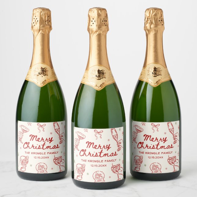 Whimsical Hand Drawn Christmas Party  Sparkling Wine Label (Bottles)