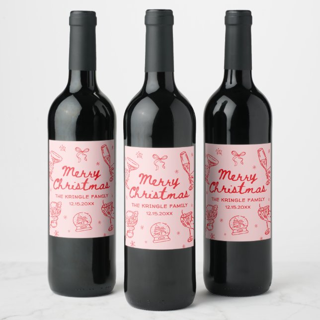 Whimsical Hand Drawn Christmas Party  Wine Label (Bottles)