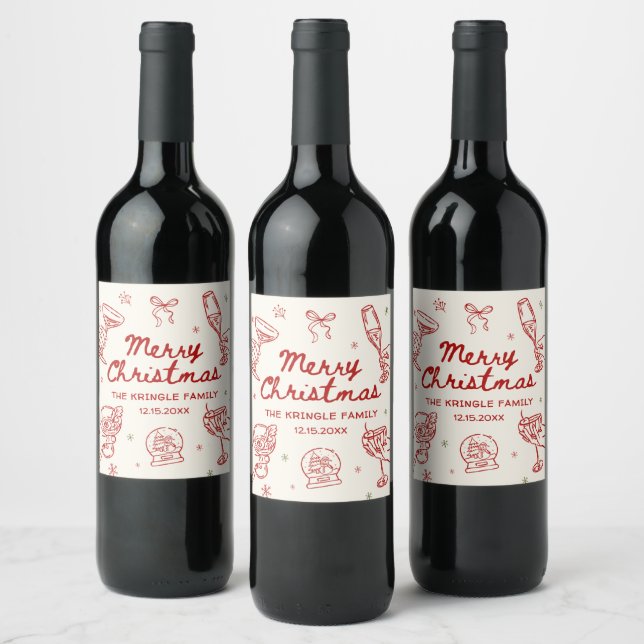 Whimsical Hand Drawn Christmas Party  Wine Label (Bottles)