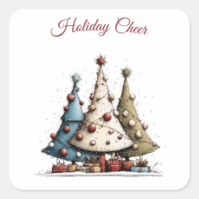 Whimsical Hand-Drawn Christmas Tree Pattern  Square Sticker (Front)