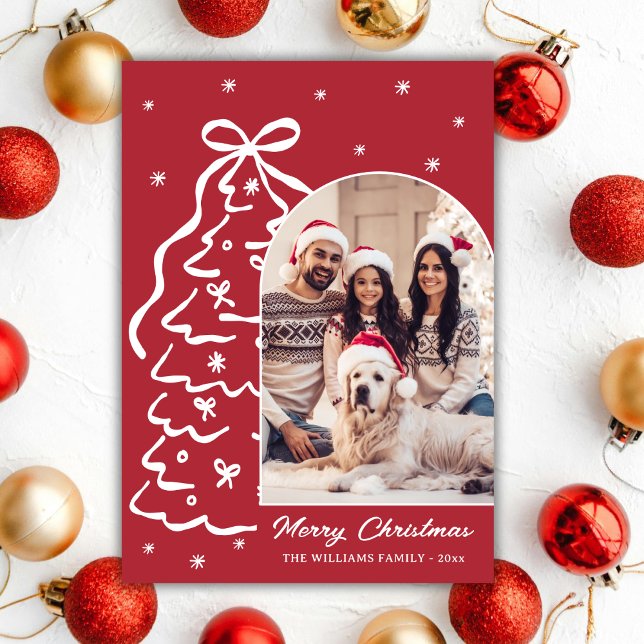 Whimsical Hand-Drawn Christmas Tree Photo Red Holiday Card (Creator Uploaded)