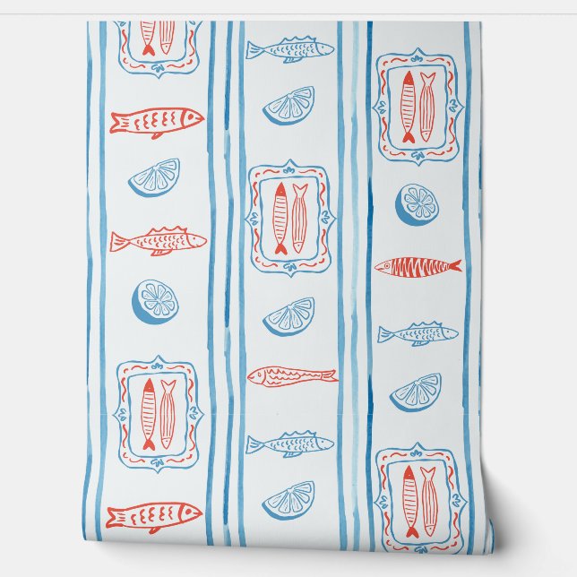 Whimsical Hand Drawn Coastal Fish Stripe Pattern Wallpaper (Unrolling)
