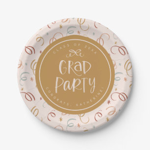 Whimsical Hand Drawn Colorful Confetti Grad Party Paper Plate