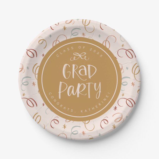Whimsical Hand Drawn Colourful Confetti Grad Party Paper Plate (Front)