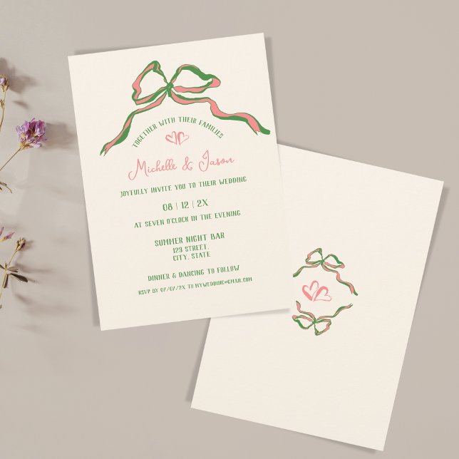 Whimsical Hand Drawn Contemporary Retro French Bow Invitation (green and pink hand drawn illustration with a bow and two hearts)