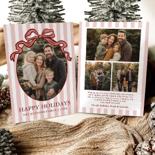 Whimsical Hand Drawn Coquette Red Bow Family Photo Holiday Card