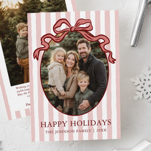 Whimsical Hand Drawn Coquette Red Bow Family Photo Holiday Card