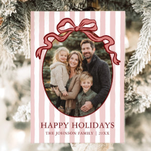 Whimsical Hand Drawn Coquette Red Bow Family Photo Holiday Card