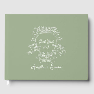Whimsical Hand drawn Crest Sage Green Wedding Guest Book