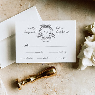 Whimsical Hand Drawn Crest with Monogram   Wedding RSVP Card