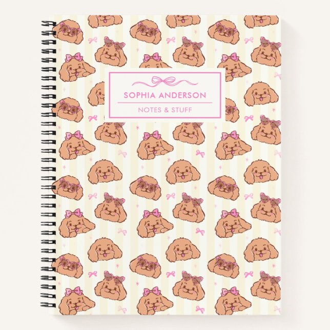 Whimsical Hand Drawn Cute Dog Face & bow Custom Notebook (Front)
