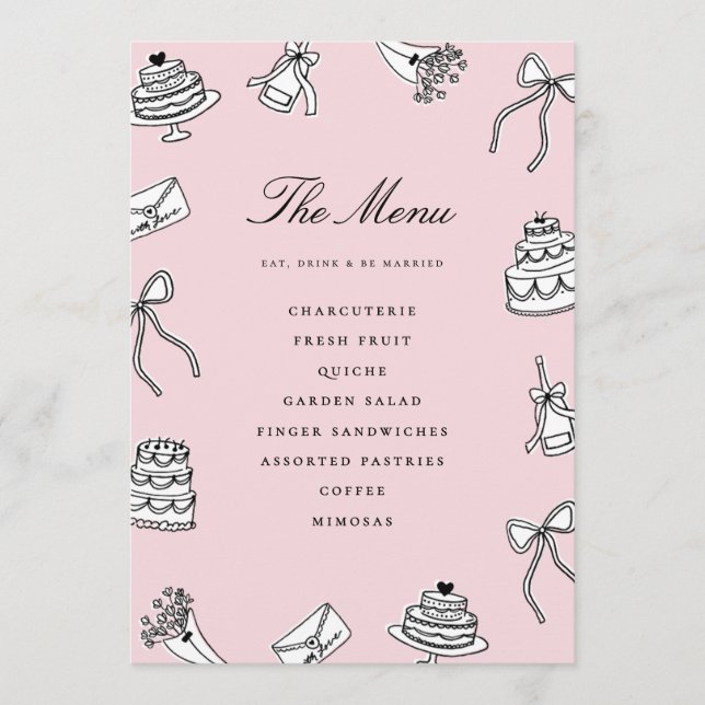 Whimsical Hand Drawn Cute Unique Bridal Shower Menu (Front)